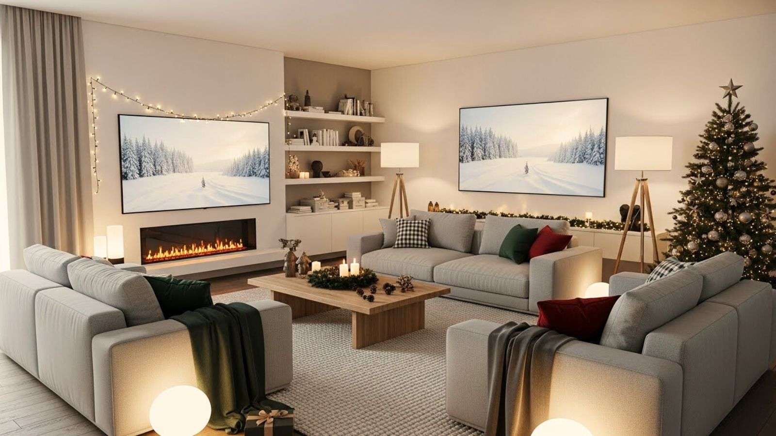 Luces navideñas y pantallas creando una estética cálida digital.