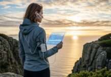 Persona observando el horizonte con tecnología en segundo plano, simbolizando la convivencia futura entre humanos y mundo digital