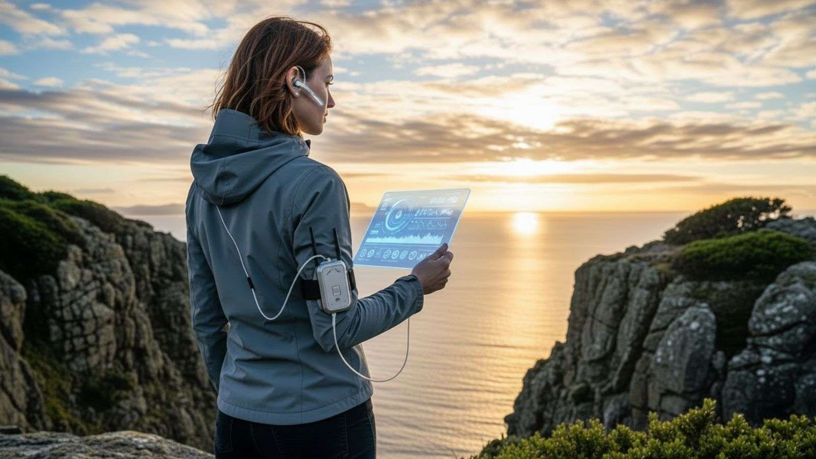 Persona observando el horizonte con tecnología en segundo plano, simbolizando la convivencia futura entre humanos y mundo digital