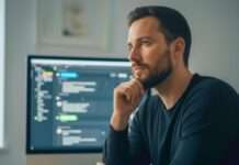 Persona reflexiva con una computadora utilizando inteligencia artificial en 2025