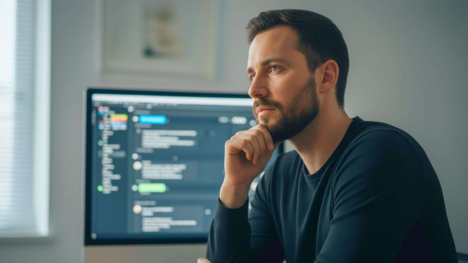 Persona reflexiva con una computadora utilizando inteligencia artificial en 2025