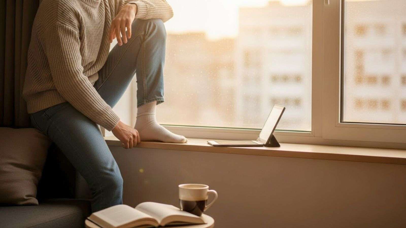 Persona reflexionando junto a un dispositivo digital en un entorno doméstico tranquilo