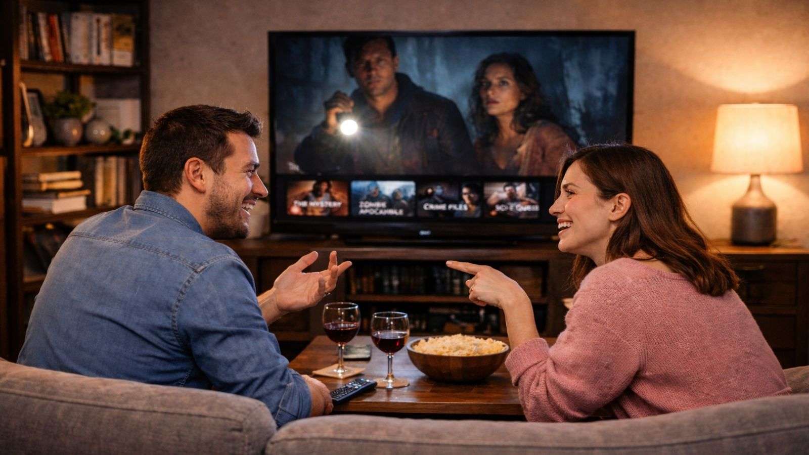 Pareja joven adulta viendo streaming en televisión, reflejo del consumo de series como experiencia social en el hogar.