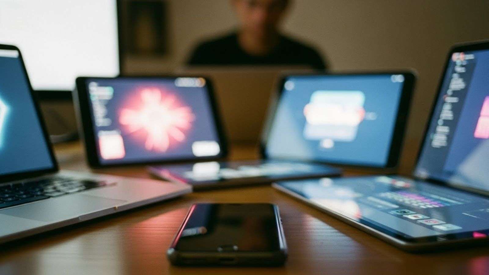 Persona reflexionando mientras observa su celular y pantallas, representando cómo elegimos en internet hoy