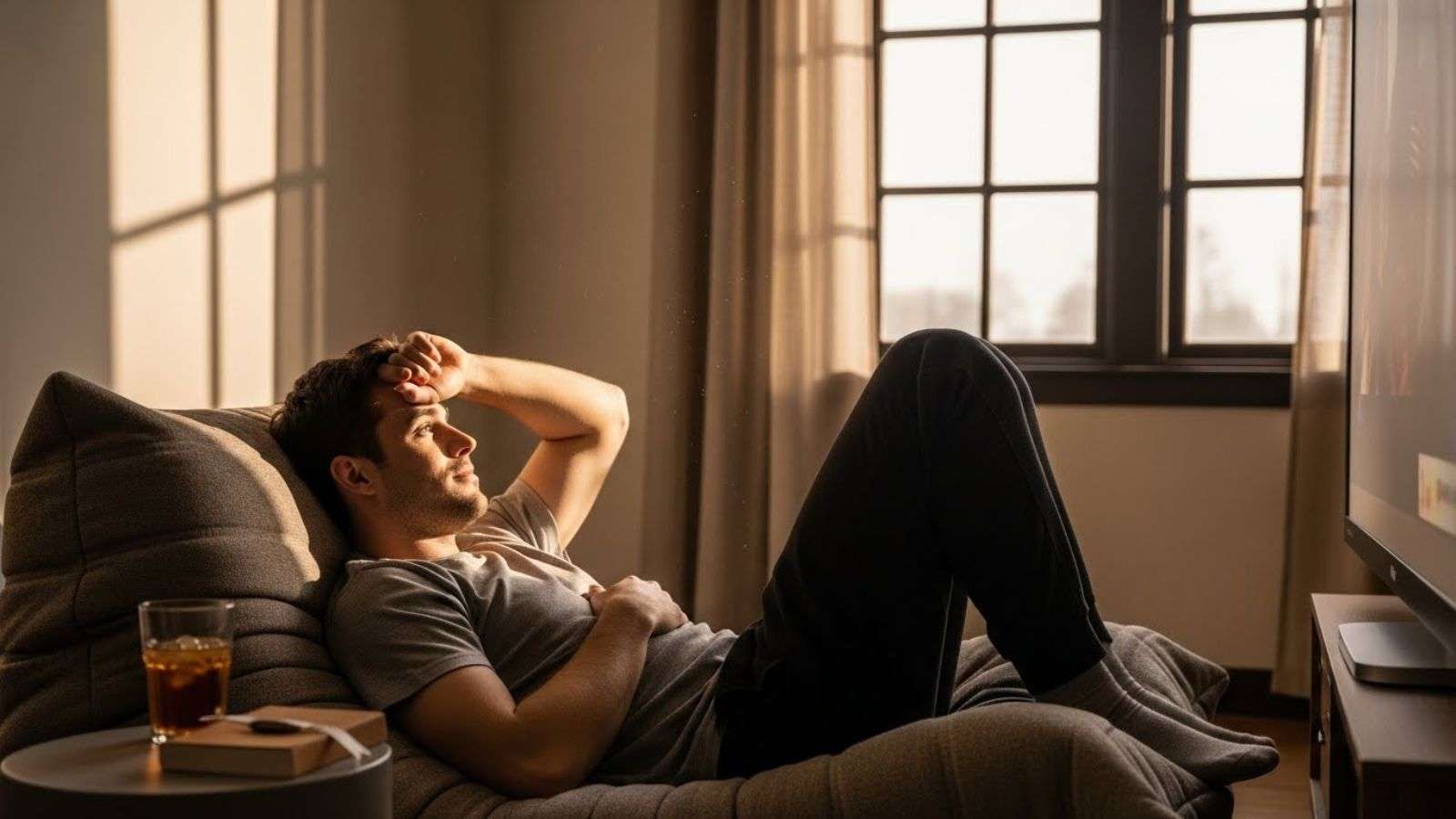 Persona rodeada de estímulos digitales mientras observa una oantalla, representando la saturación informativa cotidiana