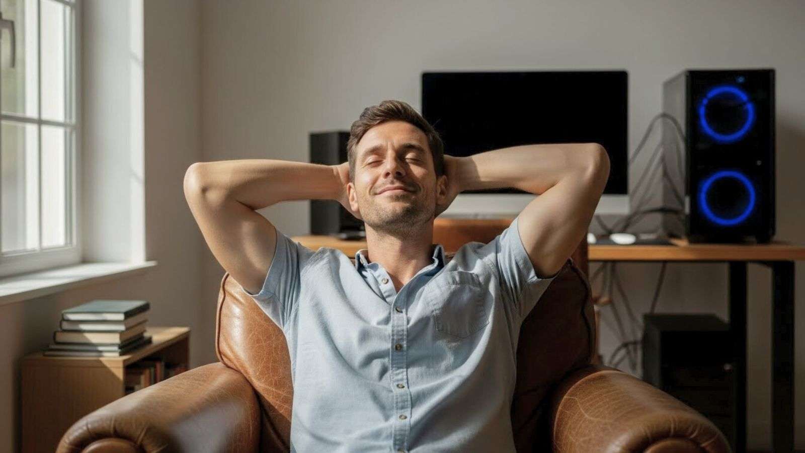 Persona reflexionando en un entorno cotidiano con tecnología en segundo plano, representando la supervisión humana en el uso de inteligencia artificial