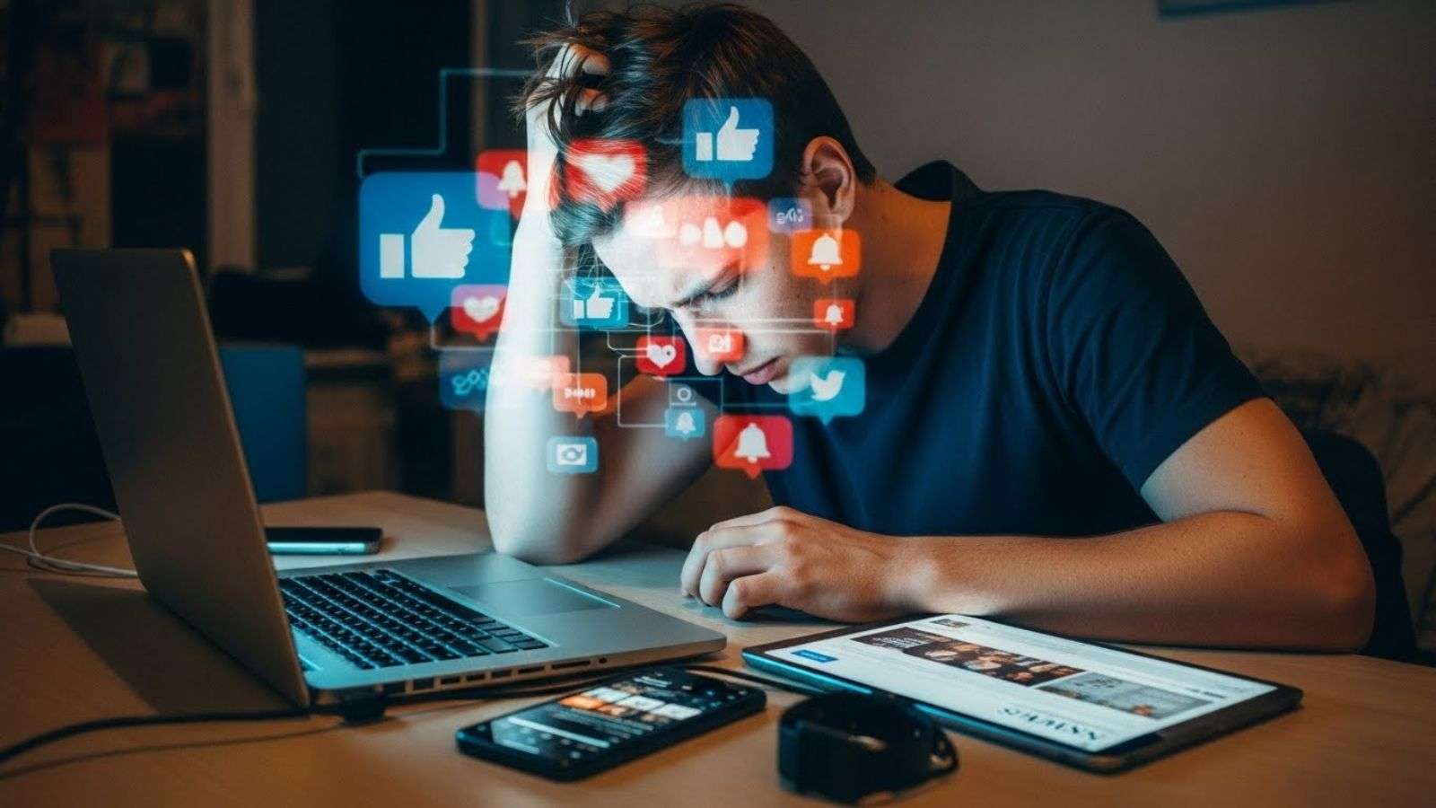 Jóvenes usando dispositivos digitales con señales de cansancio visual.