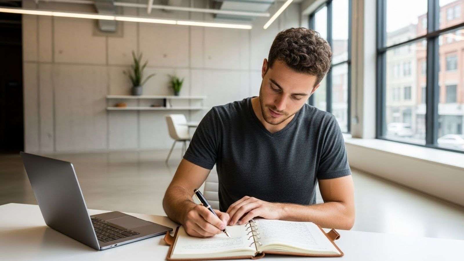 Jóvenes escribiendo en cuadernos y usando cámaras analógicas.