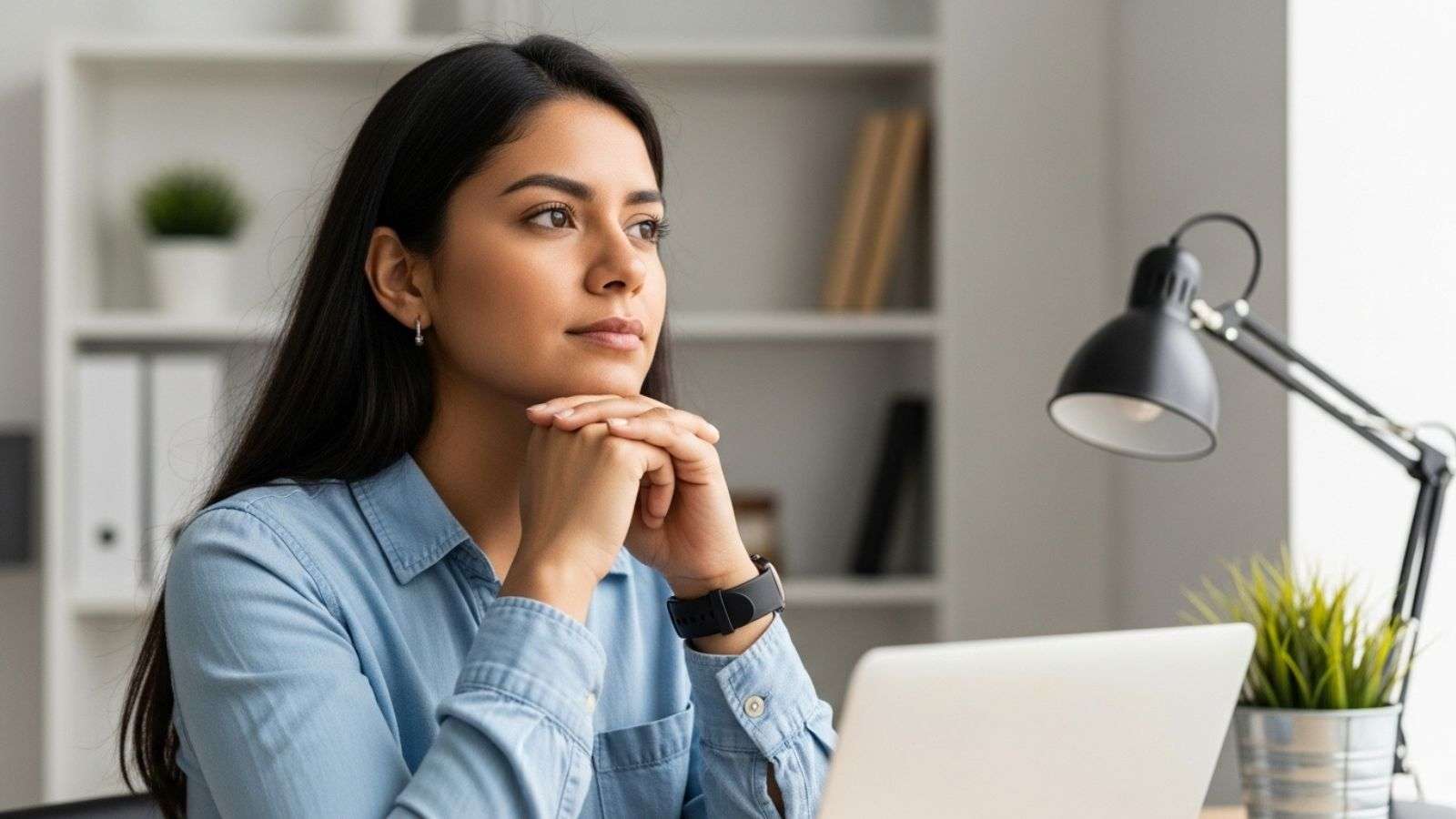 Persona reflexionando en un espacio cotidiano mientras trabaja con tecnología de forma consciente.