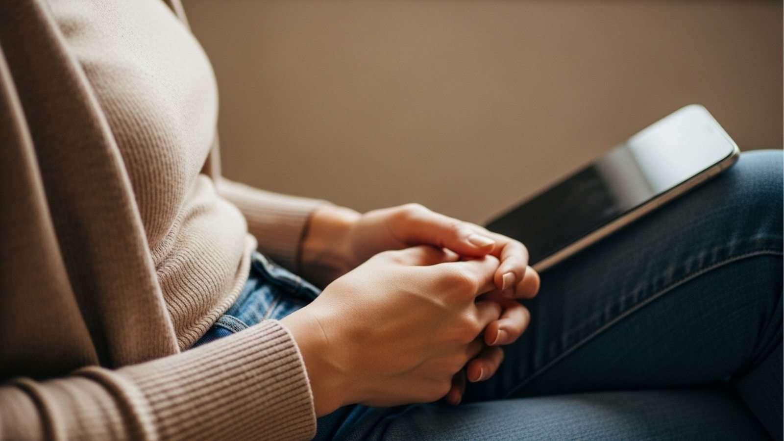 Persona en un momento de pausa con un celular sin usar en las manos.