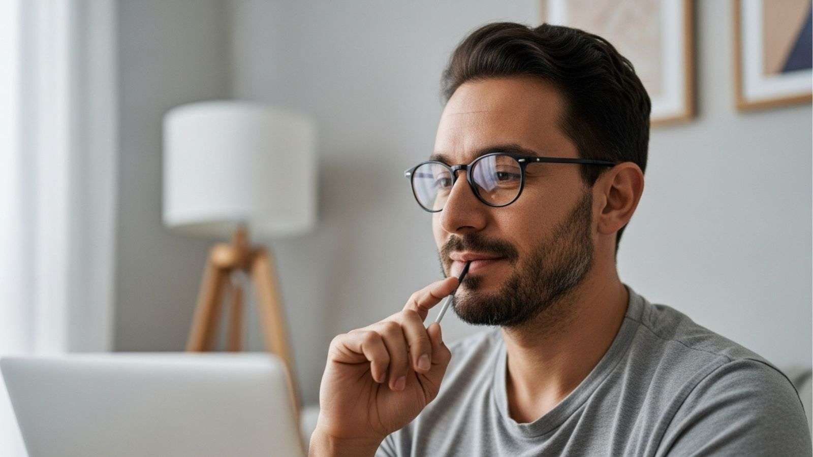 Persona reflexionando frente a una computadora en un entorno cotidiano.