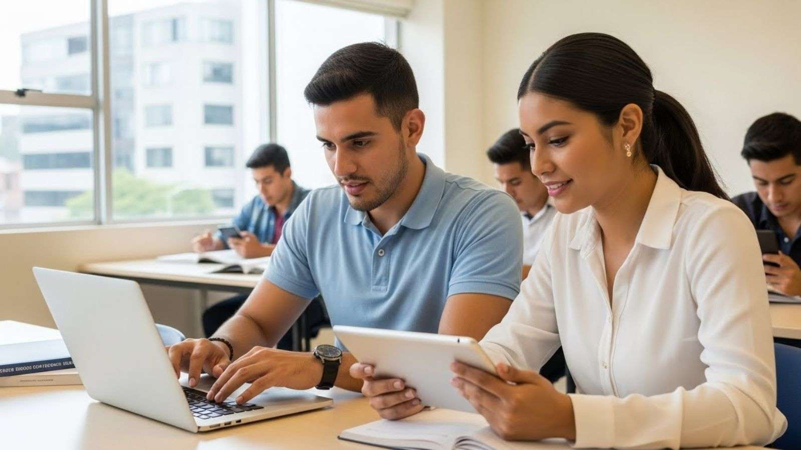 Estudiantes universitarios en un aula utilizando tecnología digital en un contexto educativo de Latinoamérica