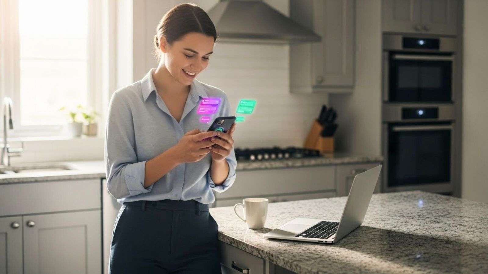 Persona usando tecnología en un entorno cotidiano, sin dramatismo ni estética futurista. Nada de robots, nada de ciencia ficción. Escena humana y real.