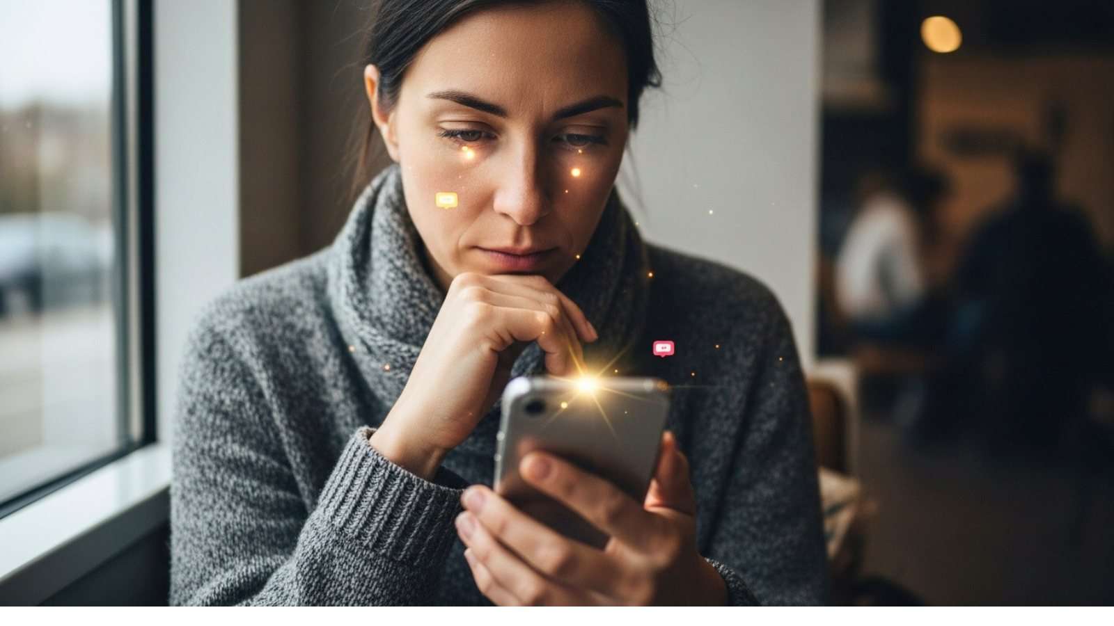 Persona revisando su celular con múltiples notificaciones, representando la presión de la comunicación digital constante