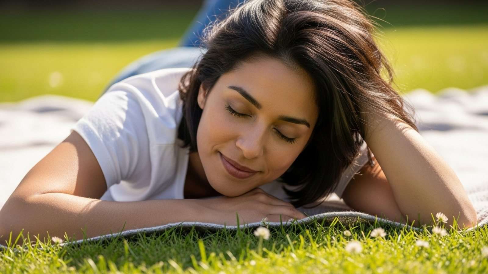 Persona recostada sobre el pasto en un espacio abierto, en una pausa tranquila sin estímulos digitales