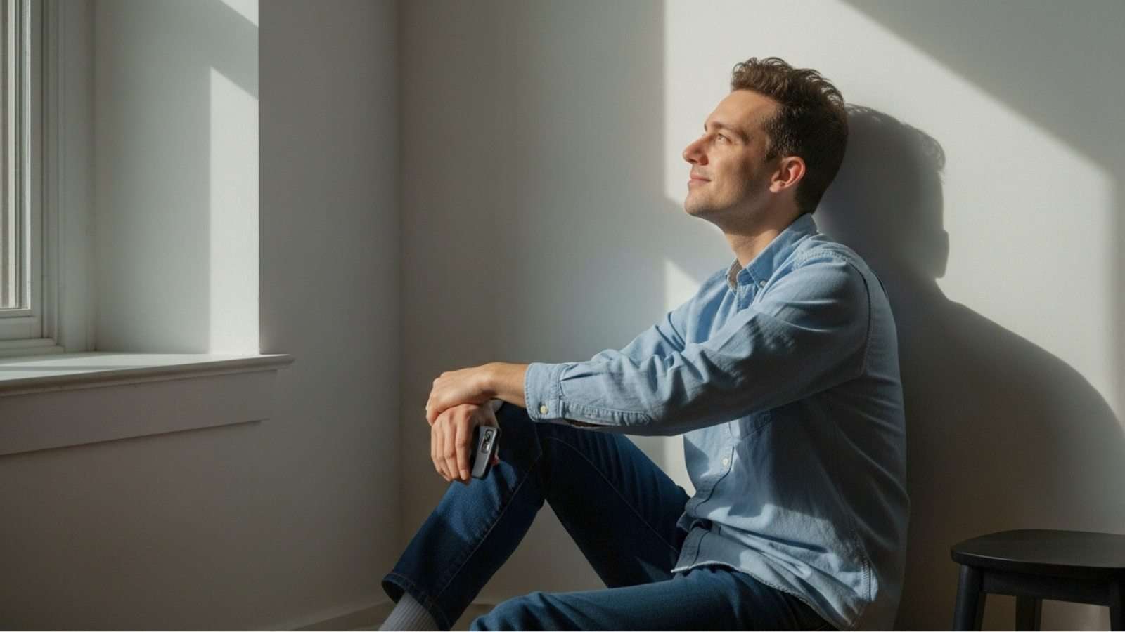 Persona en actitud reflexiva en un entorno tranquilo, representando la necesidad de pensar con conciencia en un mundo acelerado