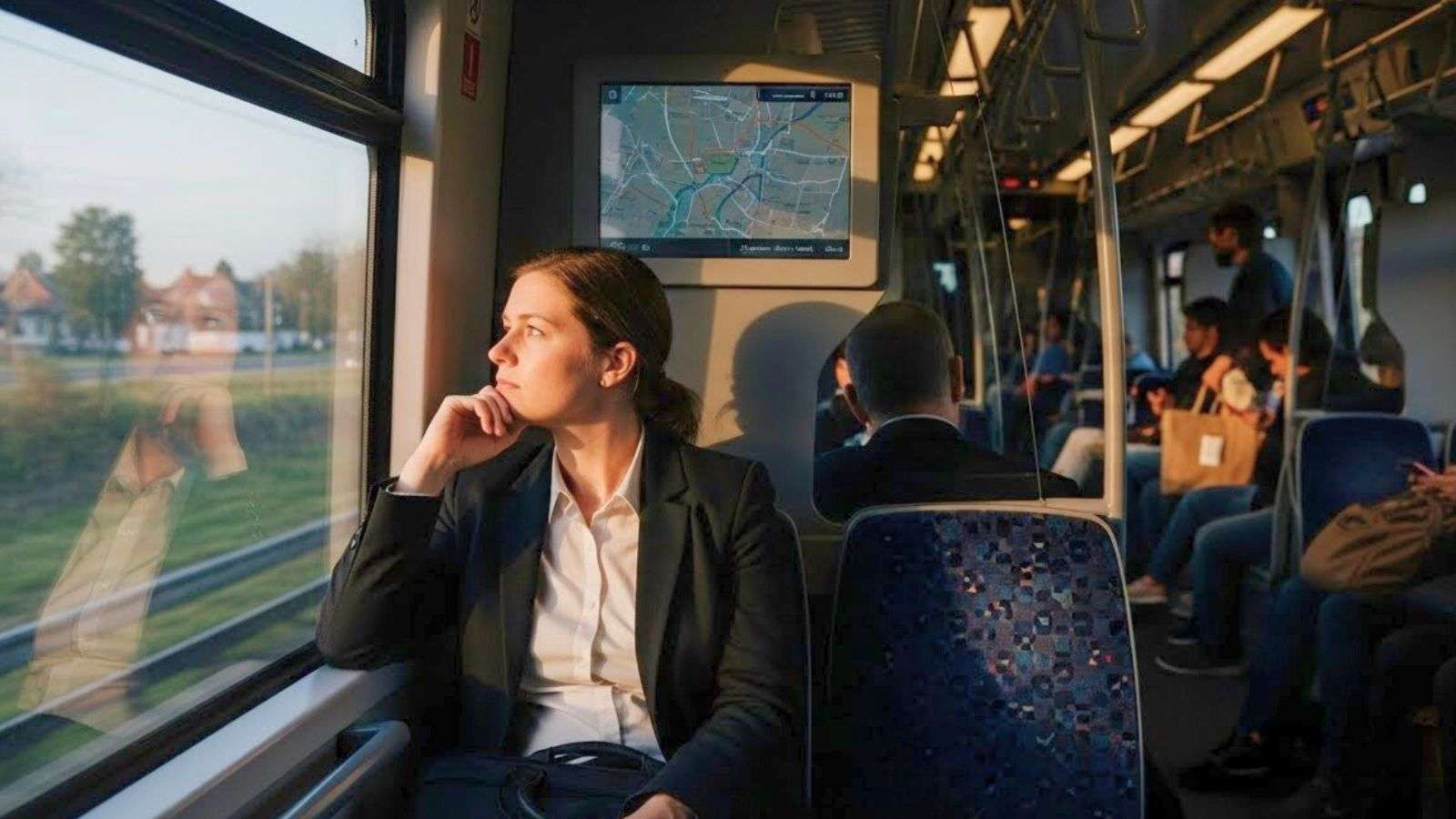 Persona reflexionando durante un trayecto cotidiano, rodeada de tecnología integrada a la vida diaria.