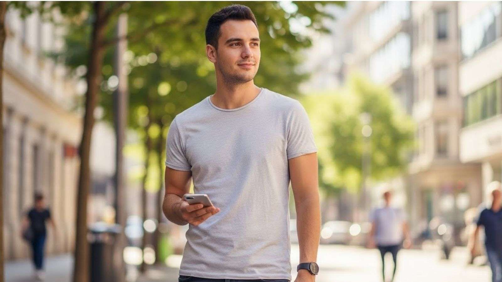 Persona usando el celular de forma equilibrada en un entorno urbano