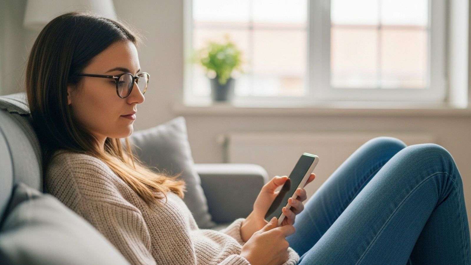 Persona descansando en el sillón con el celular en la mano, en un momento de pausa digital