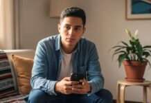 Persona revisando su celular en casa con gesto pensativo, representando cómo el contenido negativo en redes puede enganchar la atención.