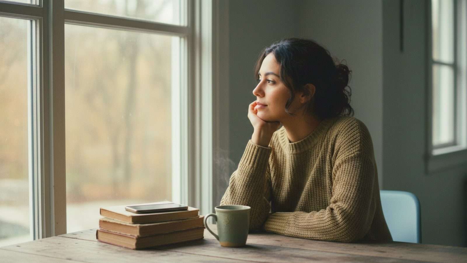 Persona mirando por la ventana con un celular cerca