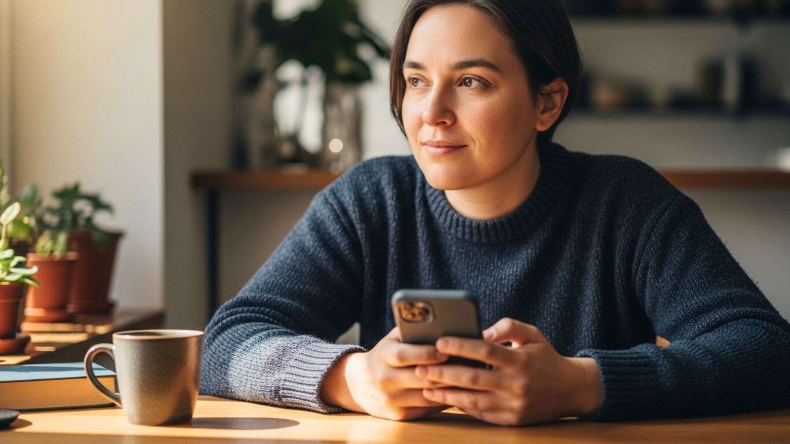 Persona dudando antes de responder un mensaje en su teléfono móvil
