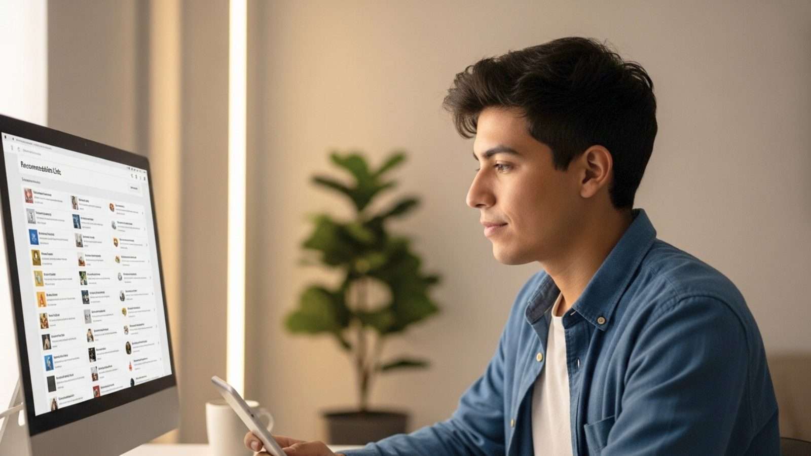 Persona revisando recomendaciones en su computadora desde casa, representando cómo la tecnología influye en decisiones cotidianas.