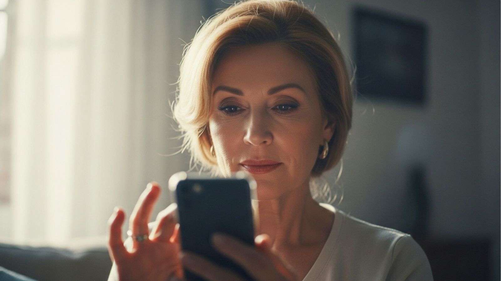Persona adulta usando su smartphone en casa mientras revisa mensajes