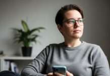 Persona haciendo una pausa mientras sostiene un teléfono móvil en un entorno cotidiano