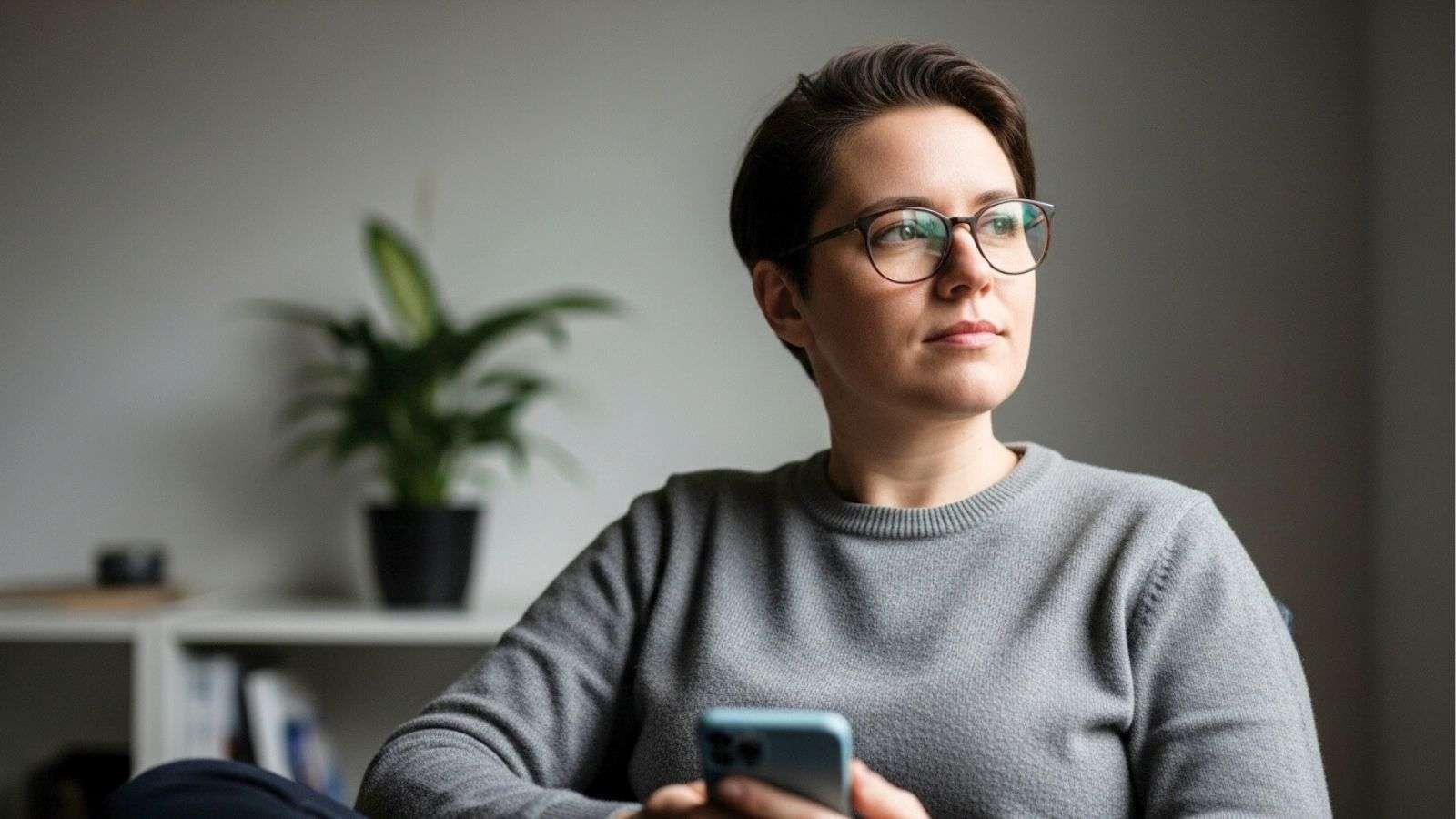 Persona haciendo una pausa mientras sostiene un teléfono móvil en un entorno cotidiano