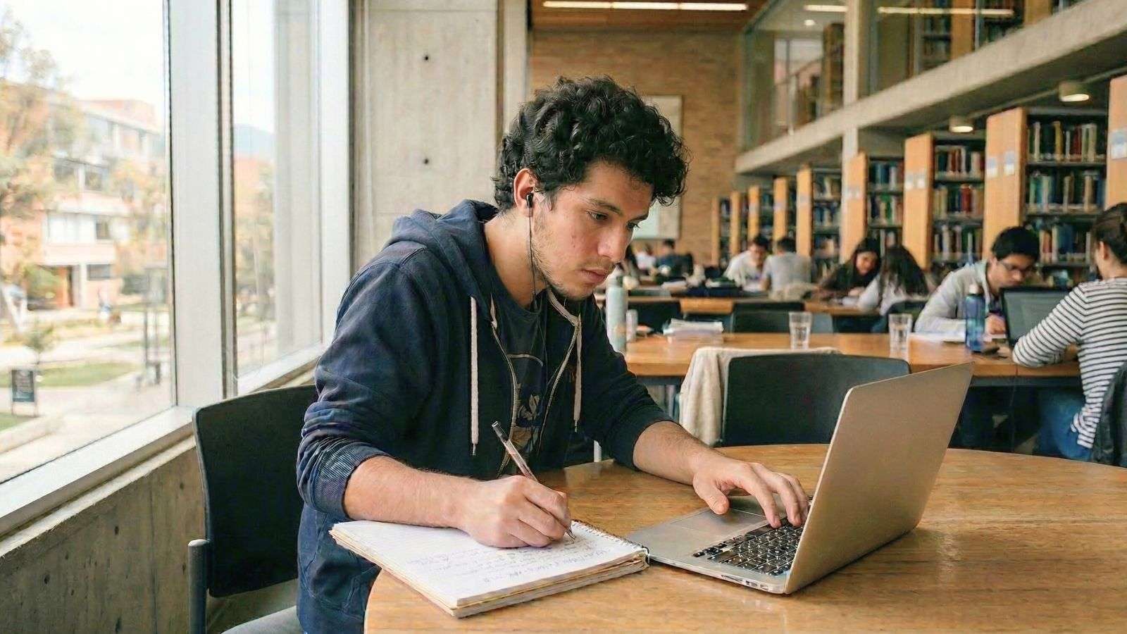 Joven aprendiendo con apoyo de contenido digital en un entorno universitario