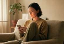 Persona reflexionando frente a la pantalla de su celular