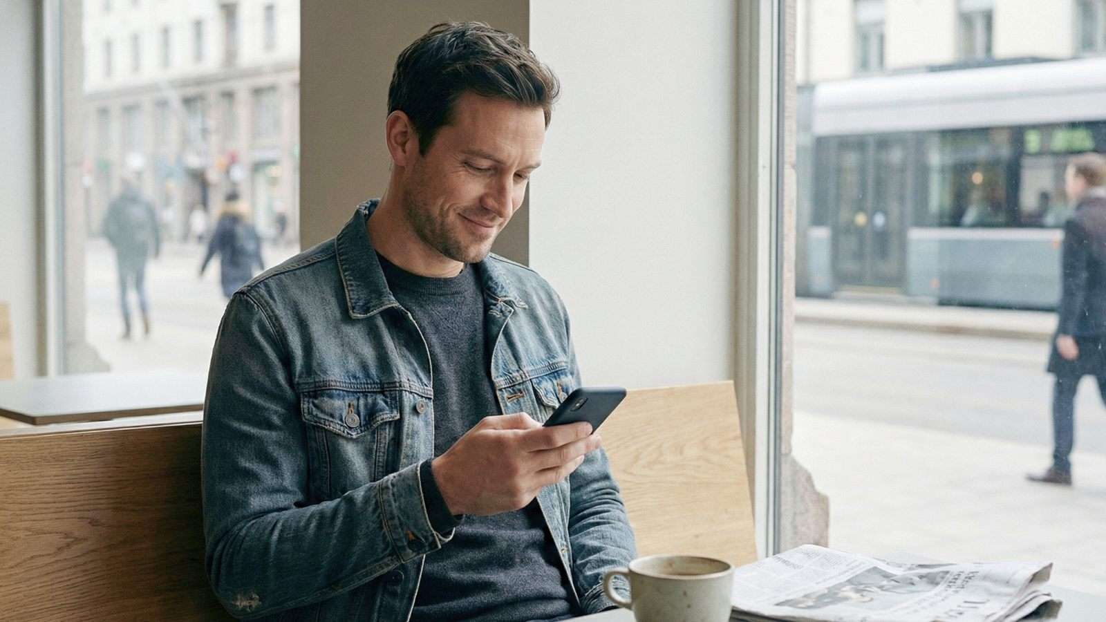 Hombre revisa su celular mientras espera en un café