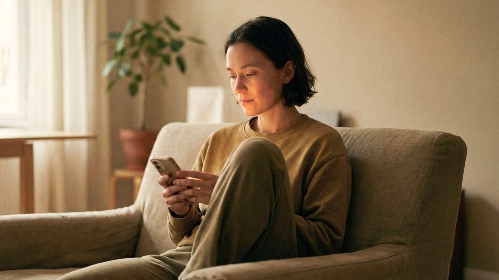 Persona reflexionando frente a la pantalla de su celular