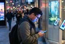 Persona rodeada de pantallas y notificaciones digitales en la noche