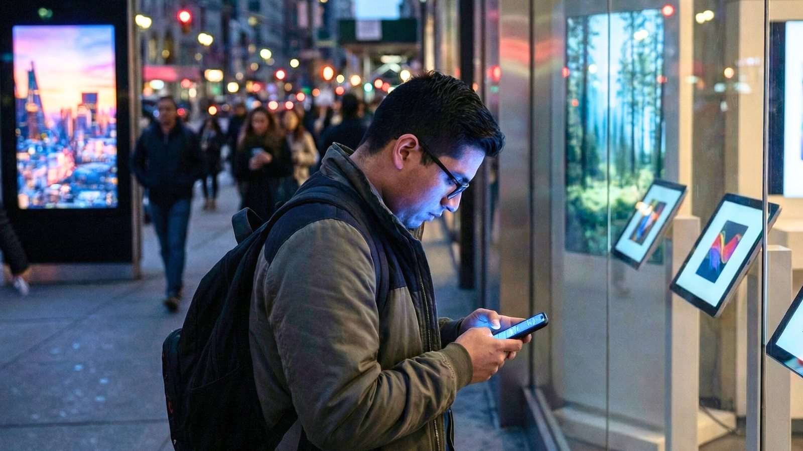 Persona rodeada de pantallas y notificaciones digitales en la noche
