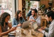 Personas interactuando con tecnología en un entorno urbano cotidiano