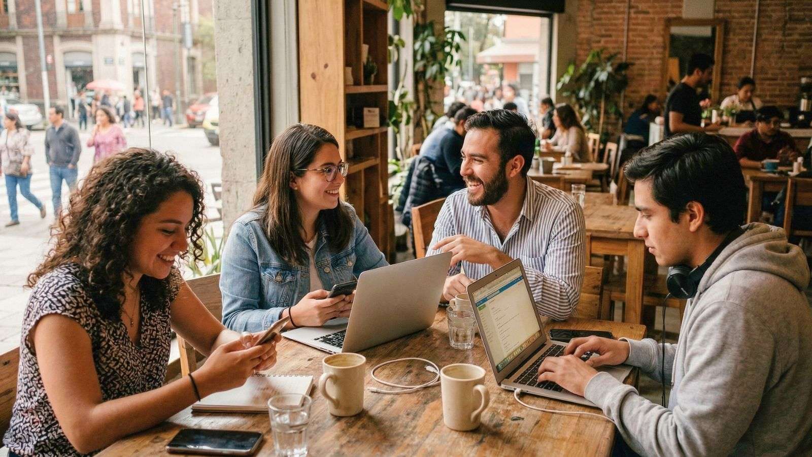 Personas interactuando con tecnología en un entorno urbano cotidiano