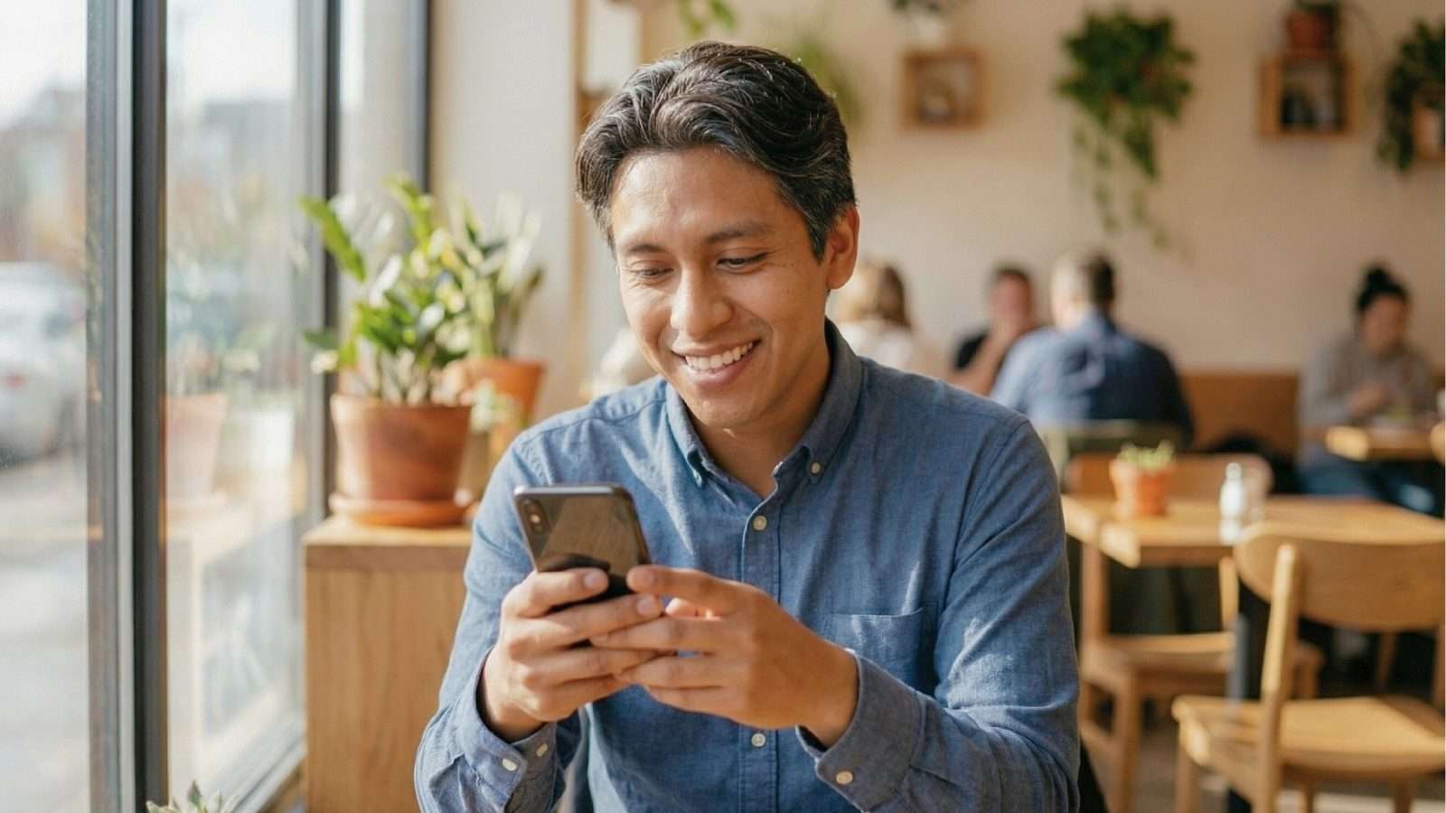 Persona mirando su celular con expresión reflexiva en un espacio cotidiano