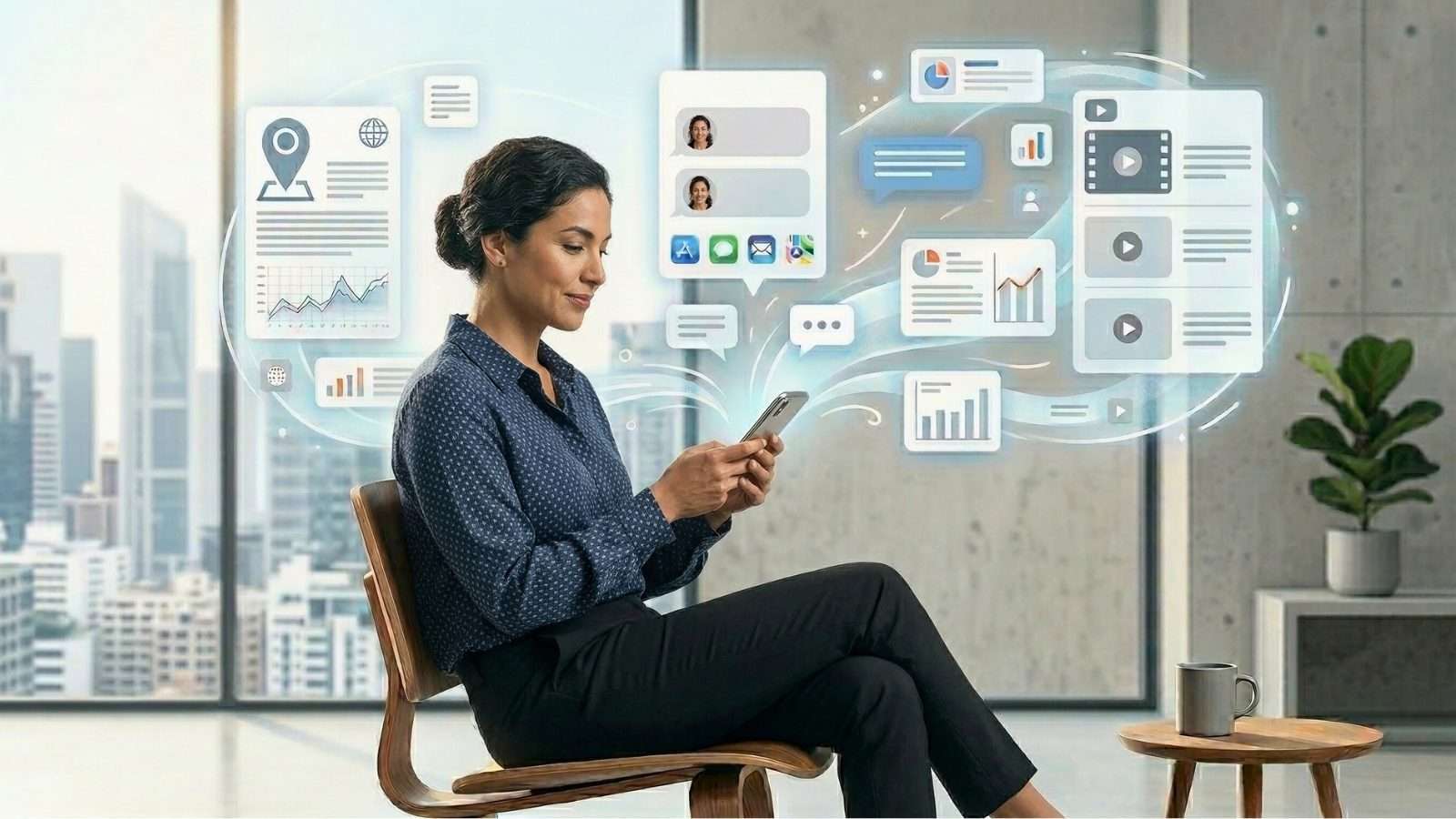 Persona navegando en su teléfono mientras diferentes tipos de contenido digital aparecen en pantalla.