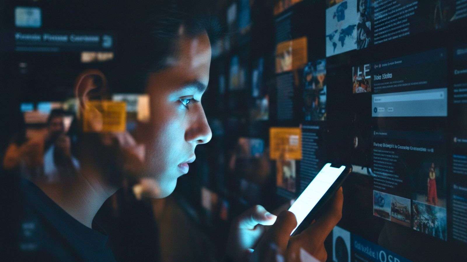 Persona mirando la el celular en un entorno con contenido digital