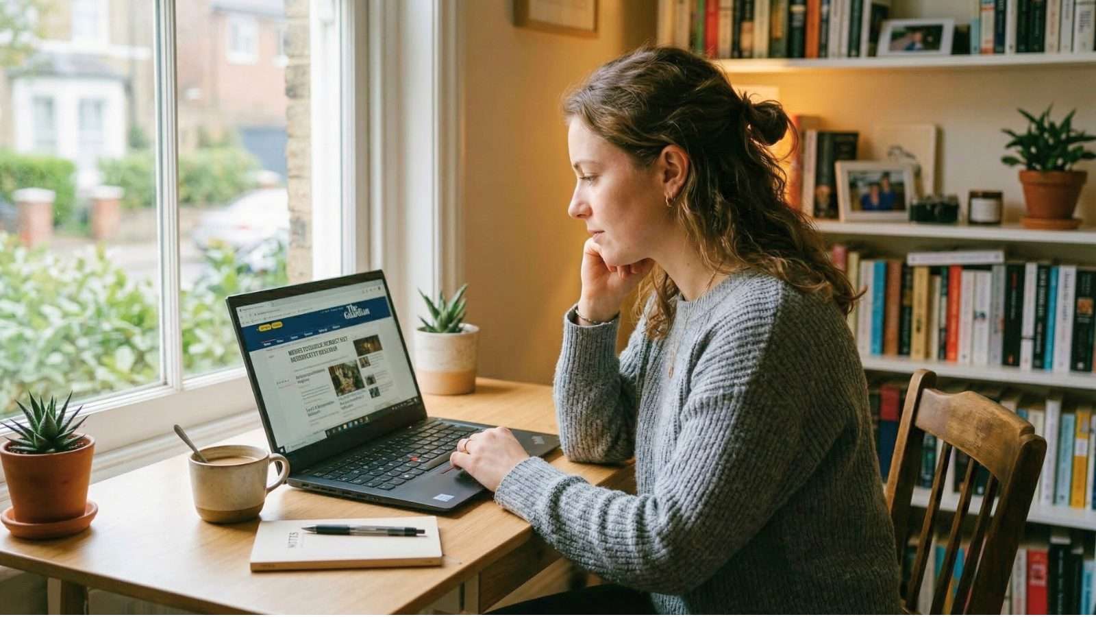 Persona revisando noticias en una laptop dentro de un feed de redes sociales.