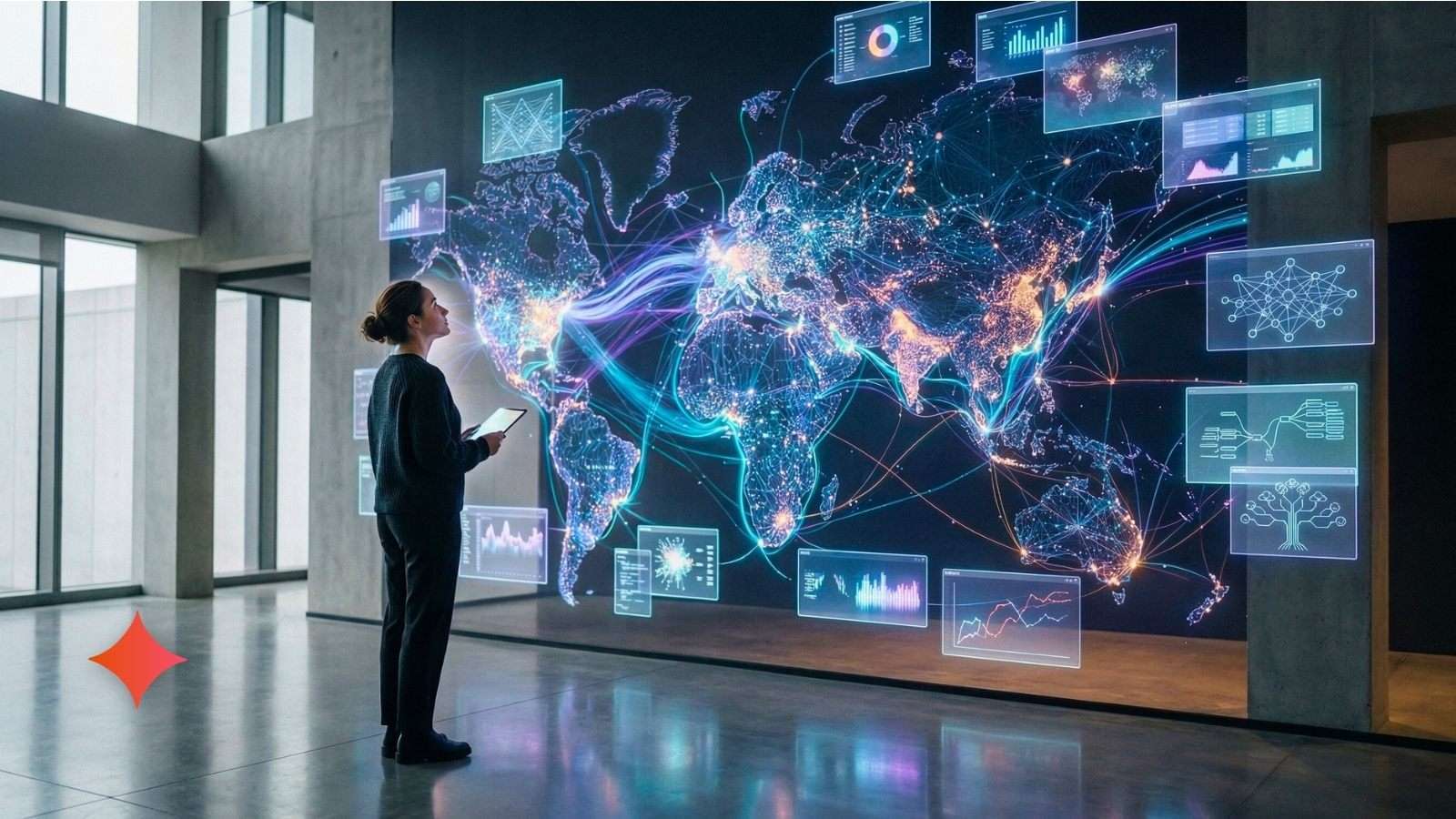 Persona observando múltiples flujos de información digital