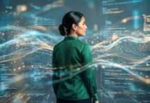 Habitar el entorno digital: una guía para entender cómo usamos internet hoy Persona inmersa en un entorno digital con flujos de información y visualización de datos