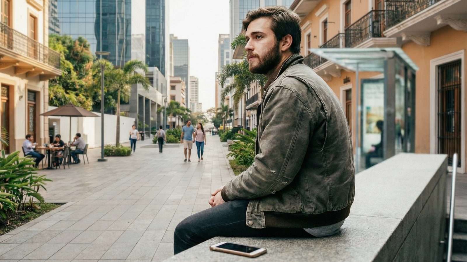 Joven en pausa reflexiva usando celular en un entorno cotidiano, representando la confianza digital