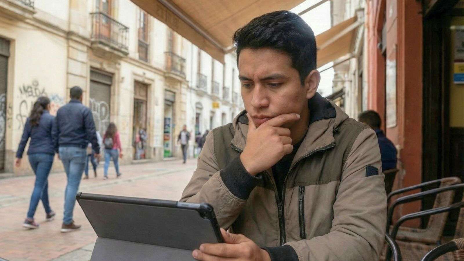Persona leyendo información en un tablet, en una escena cotidiana