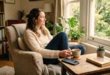 Persona relajada en casa con el teléfono boca abajo sobre la mesa