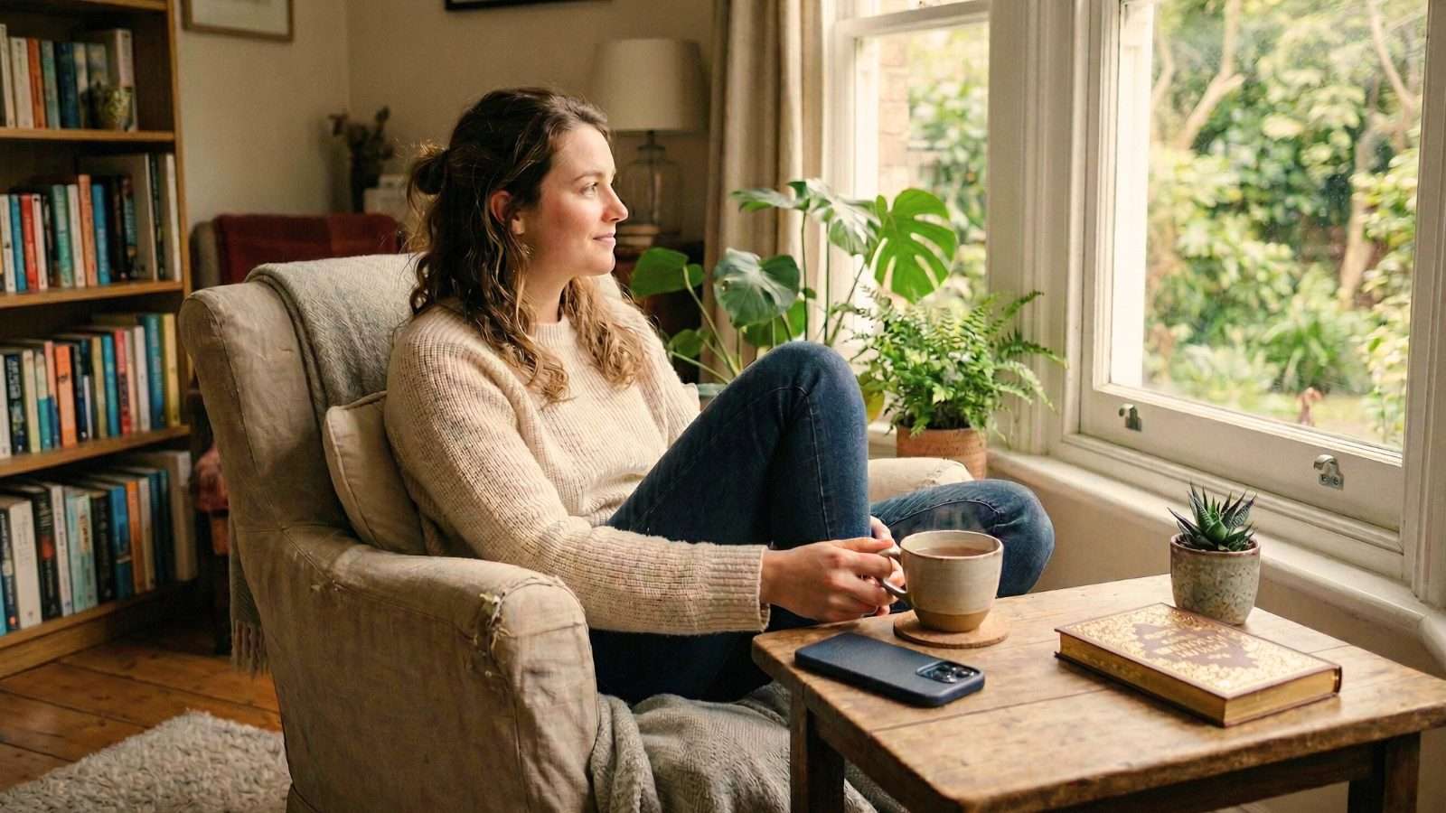 Persona relajada en casa con el teléfono boca abajo sobre la mesa