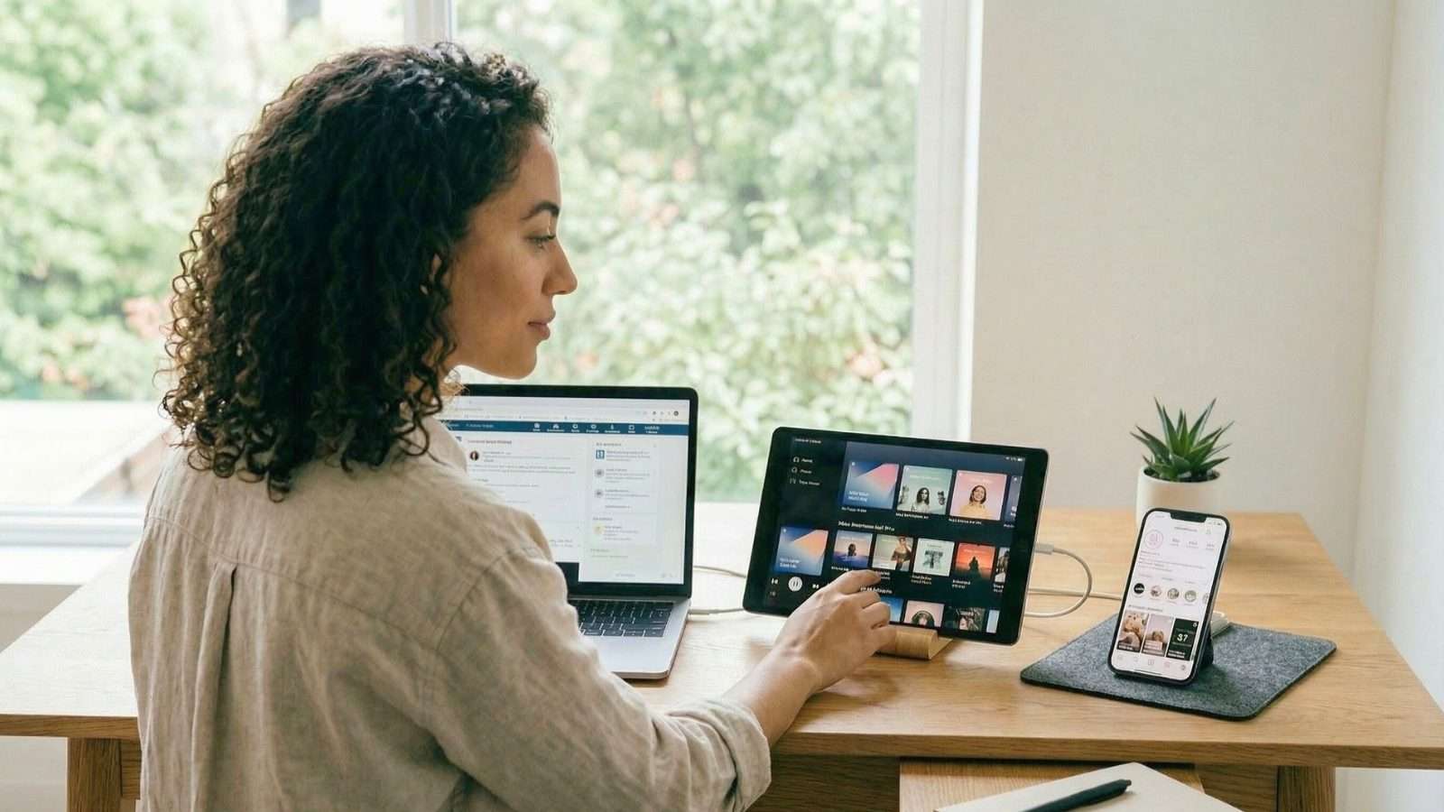 Persona viendo pantallas digitales mostrando contenido personalizado en un feed de internet