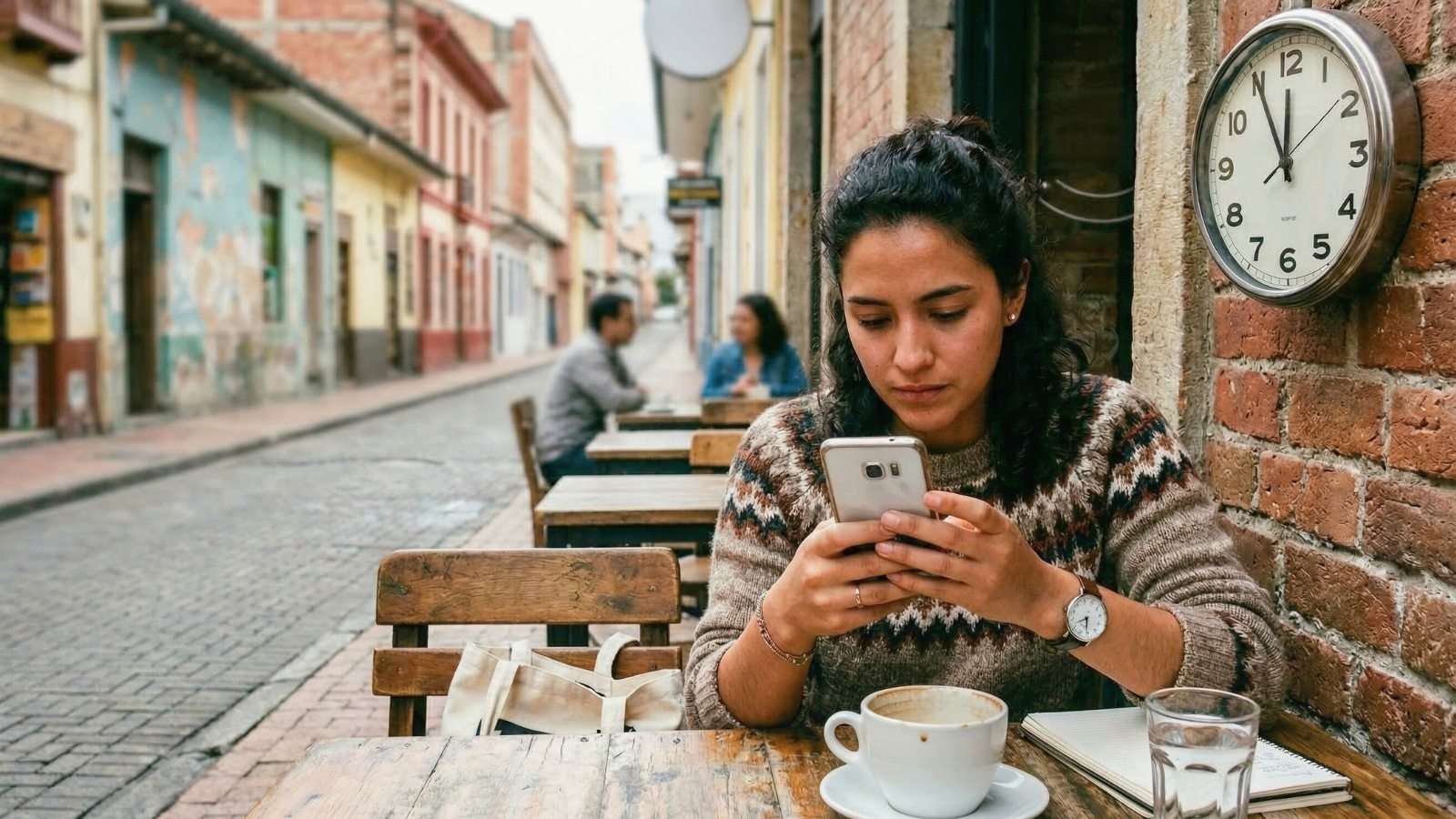Mujer revisando celular haciendo uso del tiempo